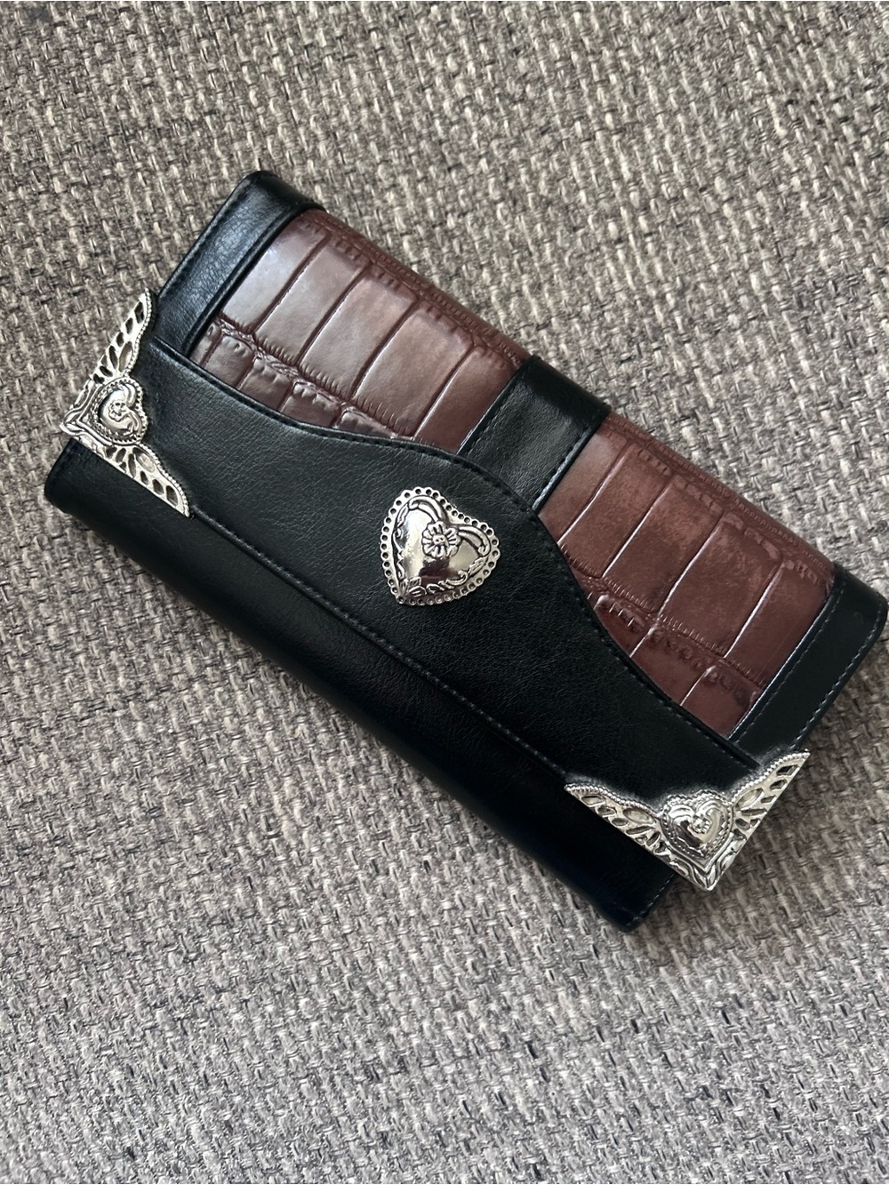 Vintage Black  and Brown Western Heart Accent Long Wallet